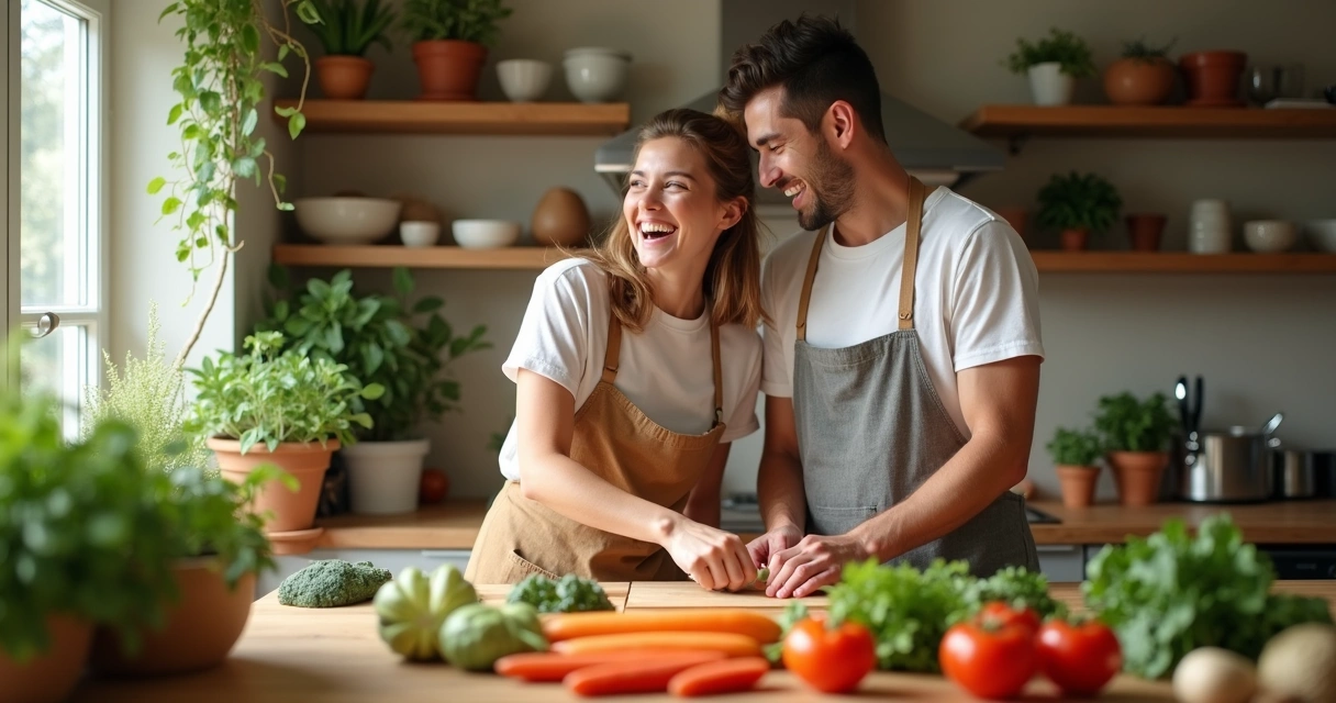 Casal cozinhando junto numa cozinha aconchegante
