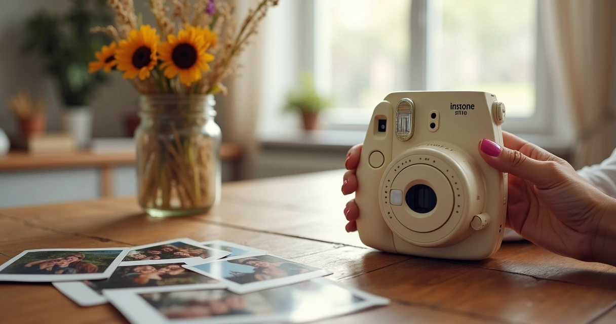 Mãos segurando câmera instantânea e fotos reveladas do casal