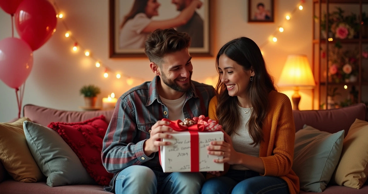 Casal sorrindo ao abrir um presente