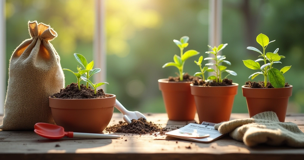 Kit de jardinagem com mudas e ferramentas