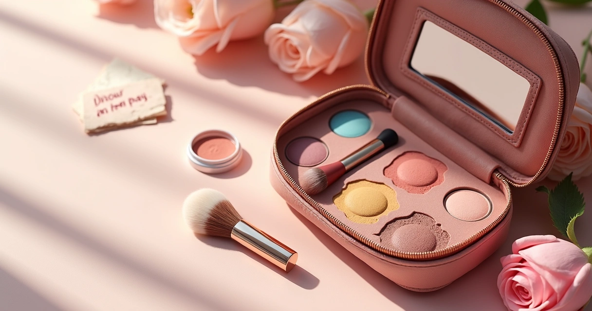 Necessaire aberta com maquiagem, pincéis e espelho