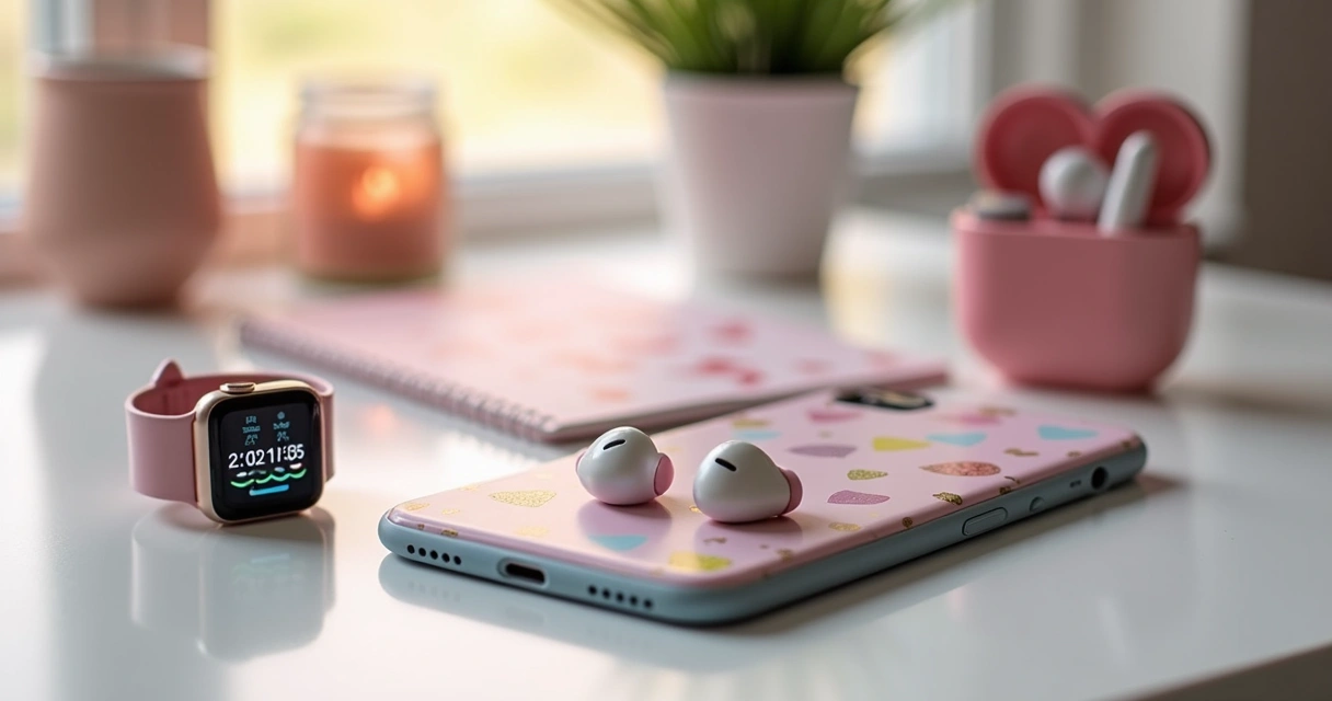 Fones, smartwatch e acessórios de tecnologia sobre uma mesa