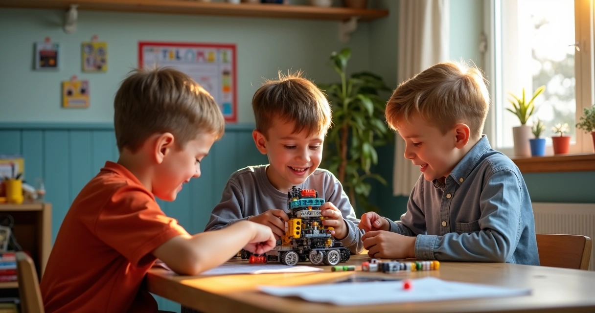Crianças montando um kit de robótica sobre a mesa