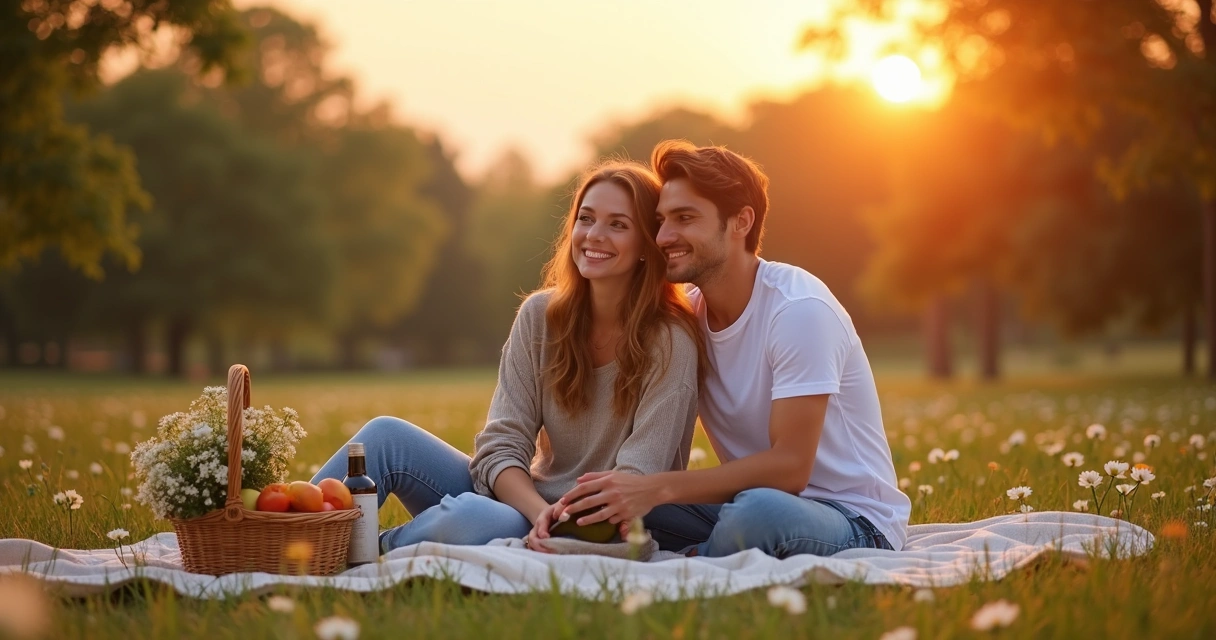 Casal em piquenique romântico num parque ao pôr do sol