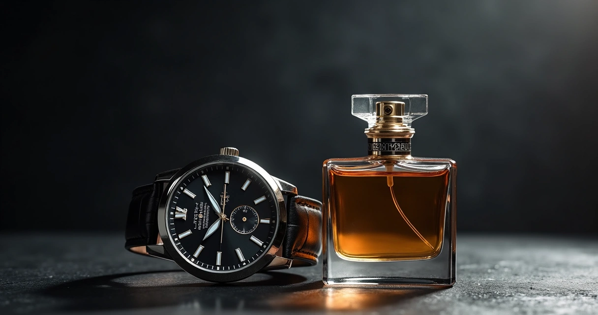 Perfume e relógio clássicos sobre uma superfície de madeira