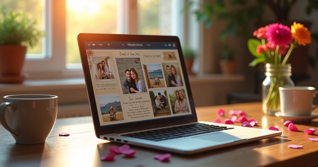 Notebook com álbum digital do casal aberto na tela